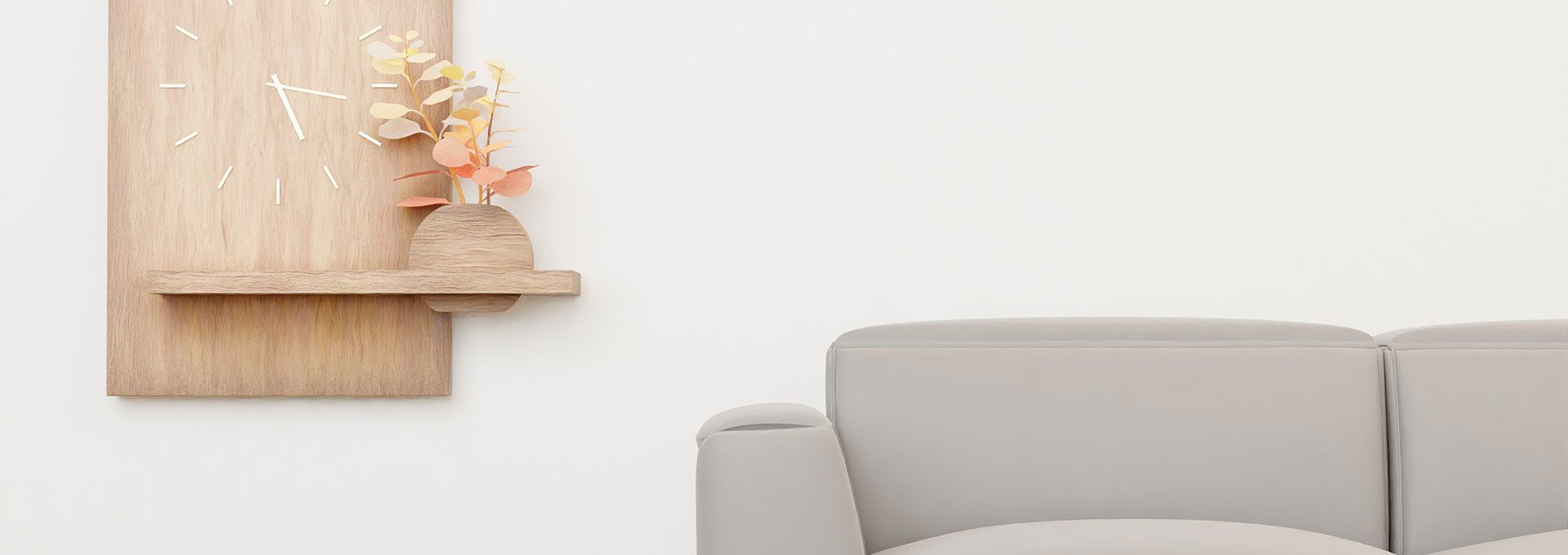 a white couch with a vase on it and a wooden shelf at The Zeke