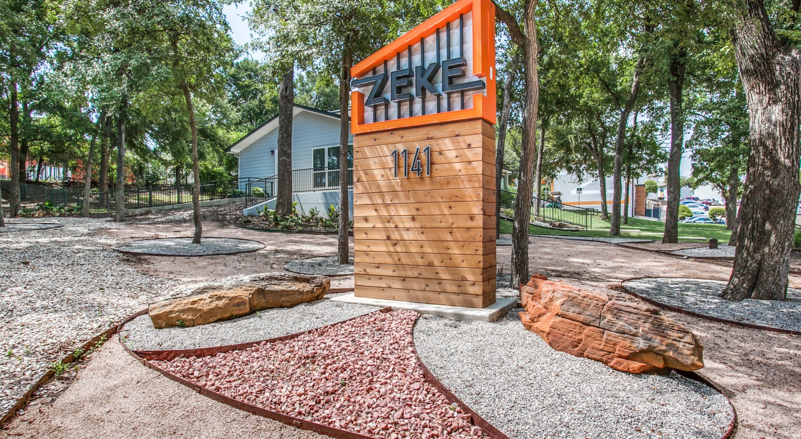the entrance to the zikle apartment complex in austin, texas at The Zeke
