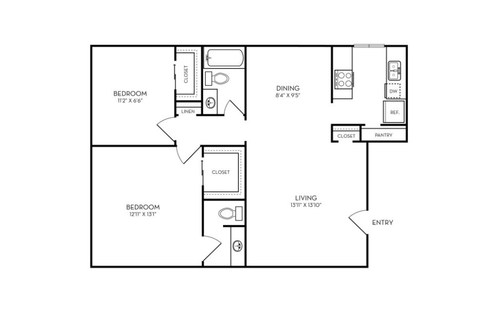 the floor plan for a two bedroom apartment at The Zeke