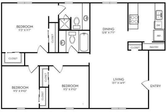 floor plan for the two bedroom apartment at The Zeke
